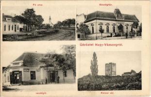 1912 Nagyvázsony, Fő utca, Községháza, Kinizsi vár, Vendéglő, Weisz Dávid vegyeskereskedése