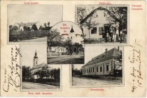 1907 Cece, Czecze; Csók kastély, Református templom és iskola, Római katolikus templom, községháza, Deák utca, Hermann János üzlete és saját kiadása (Rb)