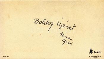 cca 1940 Bozó Gyula (1913-2004) grafikájával díszített új évi üdvözlőkártya. Bp., Klösz-ny., 6,5x11,...