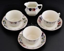 Adams angol porcelán teás készlet: 3 db csésze+alj, tejkiöntő, kézzel festett, jelzett, apró kopásokkal