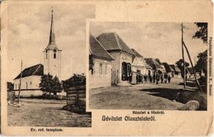 1911 Olasztelek, Talisoara; Fő út, Református templom, Apolczán üzlete. Habermann K. fényképész / main street, Calvinist church, shop (fa)