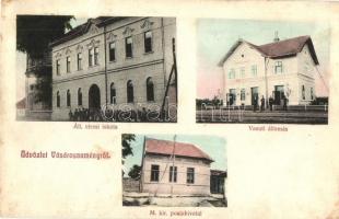 1908 Vásárosnamény, Állami elemi iskola, Vasútállomás, vasutasok, M. kir. posta hivatal. Kiadja Beck Izidor (r)