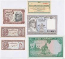 Vegyes 6db-os külföldi bankjegy tétel közte, többek között spanyol, hongkongi és laoszi bankjegy T:I,I- Mixed 6pcs of foreign banknotes among others from Spain, Hong Kong and Laos C:UNC,AU