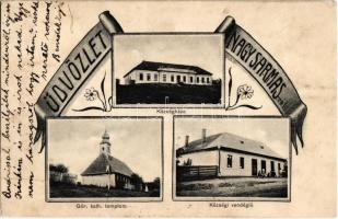 1911 Nagysármás, Sarmasu; községháza, görög katolikus templom, községi vendéglő / town hall, church, restaurant. Art Nouveau (r)