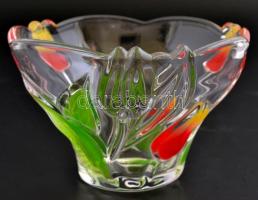 Tulipános üveg dísztál, ún. centrifugatál, apró kopásokkal, d: 16 cm