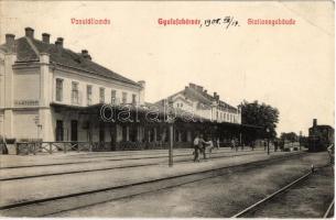 1908 Gyulafehérvár, Alba Iulia; Vasútállomás, gőzmozdony. Schäser Ferenc kiadása / Bahnhof / railway station, locomotive