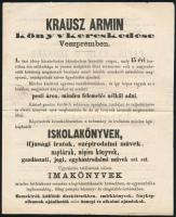 1866 Veszprém, Krausz Ármin könyvkereskedésének prospektusa, másik felén számlája, Krausz Ármin aláírásával.