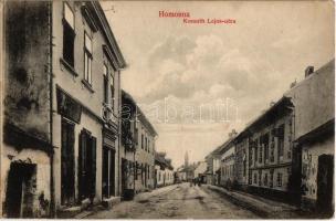 Homonna, Homenau, Humenné; Kossuth Lajos utca, Fonciere pesti biztosító intézet ügynöksége, üzlet. Hossza Gyula kiadása / street view with shop and insurance company