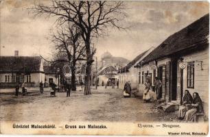 1903 Malacka, Malacky; Új utca, zsinagóga a háttérben, Bocher Mihály üzlete. Wiesner Alfréd kiadása / street view, shop, synagogue (EK)
