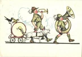 Cserkész zenekar kutyával. Kiadja a Magyar Cserkészszövetség / Hungarian boy scout music band with dog s: Márton L. + 1933 Gödöllő IV. Jamboree So. Stpl. (EB)