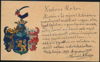 1899 Csépa, Kovách család kézzel festett címerét ábrázoló levelezőlap, Kovách Albert saját kézzel írt soraival