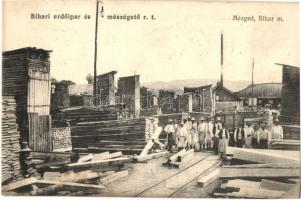 1910 Mézged, Meziad; Bihari erdőipari és mészégető rt. telepe a munkásokkal, fatelep, fűrésztelep / forestry and lime burning mill with workers, sawmill (r)