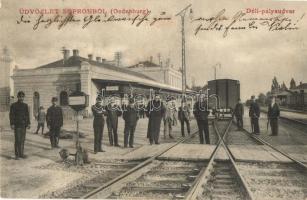 1905 Sopron, Déli Vasút pályaudvar, vasútállomás, vagon, vasutasok. M.G.S. 86.