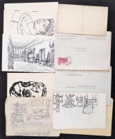Vöröss Tibor (1911 - 1999): Grafikák. Tus, papír, toll. Jelzettek + személyes okmányok. Összesen 12 db