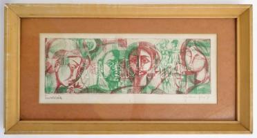 Józsa János (1936- ):  Fovolázók Színezett rézkarc, papír. Jelzett. Üvegezett keretben 10x30 cm