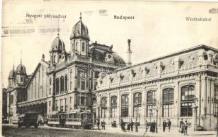 1923 Budapest VI. Nyugati pályaudvar, vasútállomás, villamos, automobil - képeslapfüzetből (EK)