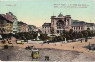 1912 Budapest VII. Keleti pályaudvar, Baross szobor, villamos