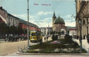 1915 Pécs, Széchenyi tér, Dzsámi, villamos, fiákerek, drogéria (gyógyszertár), Raunz üzlete (EK)