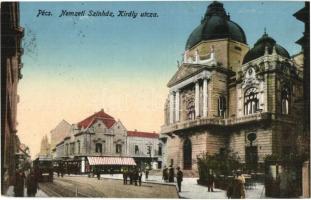 1916 Pécs, Széchenyi tér, Nemzeti színház, Király utca, villamos