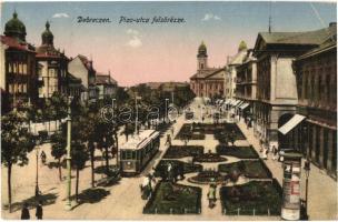 1915 Debrecen, Piac utca felső része, villamos, hirdetőoszlop, üzletek (EK)
