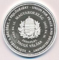 2004. "Szövetség a békéért, a fejlődésért - Magyaroszág taggá válása / Nem országokat egyesítünk, hanem embereket" peremen jelzett Ag emlékérem,tanúsítvánnyal, eredeti tokban (31,1g/0.999/42,5mm) T:PP fo.