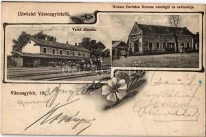 1913 Vámosgyörk, vasútállomás gőzmozdonnyal, Weiner Bertalan Korona vendéglője, szállodája és saját kiadása. Floral, Art Nouveau