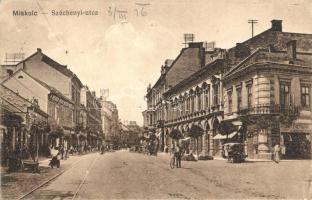 1916 Miskolc, Széchenyi utca, Reinitz Herman, Reiner Dávid üzlete, kerékpáros, piac (ázott sarok / w...