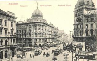 Budapest VII. Rákóczi út (Blaha Lujza tér), villamos, Gyógyszertár, fogorvosi rendelő, Pesti Hazai Első Takarékpénztár, üzletek - képeslapfüzetből