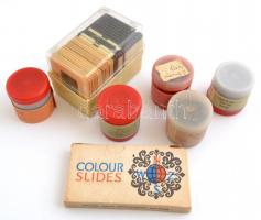 Vegyes cipősdoboznyi, többségében szovjet diafilm és dia. Változó állapotban