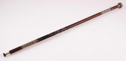 cca 1900 Filigrán ezüst (Ag.) berakásos sétapálca (nemesfából), monogrammal a tetején (RJ), jelzés nélkül, h:75 cm / wooden walking stick with silver decoration