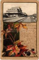 1902 Gödöllő, vasútállomás. Nemesánszky Józsefné kiadása. Virágos szecessziós keret / Art Nouveau, floral litho