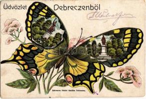 1904 Debrecen, Szabadság és Csokonai szobor. Schwarcz Dániel kiadása. Pillangós litho montázs / Butterfly litho montage (EB)