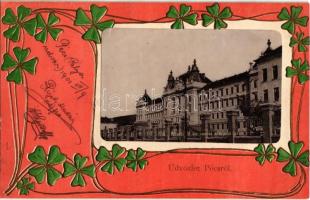 1901 Pécs, M. kir. hadapród iskola. Szecessziós dombornyomott művészlap, Günsberger Lajos kiadása / Art Nouveau, floral, Emb. (kicsit ázott sarkak / slightly wet corners)