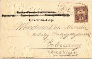 1901 Pécs, M. kir. hadapród iskola. Szecessziós dombornyomott művészlap, Günsberger Lajos kiadása / ...