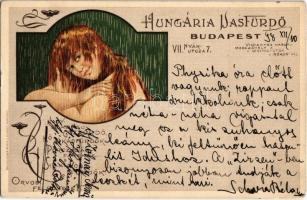 1898 (Vorläufer!) Budapest VII. Hungária Vasfürdő. Nyár utca 7. Bruchsteiner Ármin és Richárd szecessziós reklámlapja / Hungarian iron spa's Art Nouveau litho advertisement