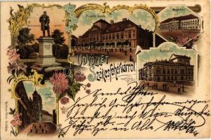 1897 (Vorläufer!) Székesfehérvár, Vörösmarty szobor, püspöki palota, megyeház, színház, Nádor utca, Köhler Péter kiadása, floral Art Nouveau litho (EK)