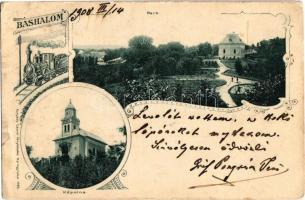 1908 Királytelek-Bashalom, kápolna, park, gőzmozdony. floral Art Nouveau. Hunyady László kiadása (EB)