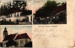 1912 Szárazpatak, Szuha, Suchá nad Parnou (Nagyszombat);  Fő utca, Római katolikus templom, plébánia és iskola / main street, church, rectory and school (kopott sarkak / worn corners)