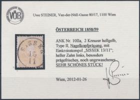 2kr II light yellow, Nagelkopfprägung "SISSEK" Certificate: Steiner 2kr II világos sárga, ...