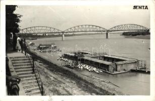 1938 Zenta, Senta; Strand a Dunán, híd, csónakok / swimming pool on the Danube, bridge, rowing boats. photo (EK)