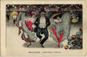 Moulin Rouge - Grand Chahut / Great fun. French gently erotic art postcard s: Xavier Sager