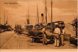 Trieste, Trieszt; Molo Giuseppino / quay with ships, industrial railway, timber loading