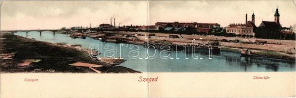 Szeged. Tisza part, faúsztatás, rakpart uszályokkal / Theiss Ufer. panoramacard