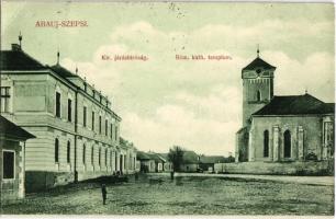 1908 Szepsi, Abaújszepsi, Moldava nad Bodvou; Királyi járásbíróság, Római katolikus templom, tér. Davidovics Emil kiadása / church, square, county court (EK)