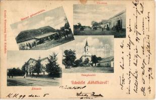 1899 Köbölkút, Gbelce; vasútállomás, Templom tér, Fő utca, Renner gabonaraktára, Wiesenberg Dávid üzlete és saját kiadása / railway station, church, square, main street, shop, grain storage  (Rb)