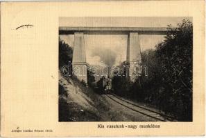 1915 Selmecbánya, Schemnitz, Banská Stiavnica; Kis vasutunk nagy munkában. Joerges 1912 / narrow gauge railway with locomotive under the viaduct
