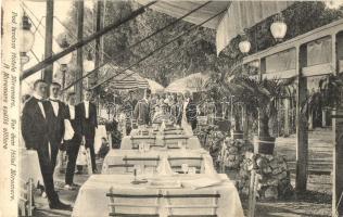 1907 Crikvenica, Cirkvenica; Miramare szálló előtere, étterem kerthelyisége pincérekkel / hotel restaurant, garden with waiters (EK)