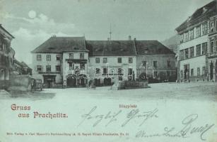 1899 Prachatice, Prachatitz; Ringplatz, Gasthaus zum Rothen Kreuz, Cafe Restaurant Habsburg / square, guest house, shops