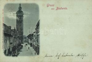 1898 Ceské Budejovice, Budweis; clock tower at night