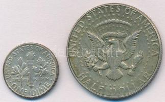 Amerikai Egyesült Államok 1964D 1d Ag + 1969D 1/2$ Ag "Kennedy" T:2
USA 1964D 1 Dime Ag +...